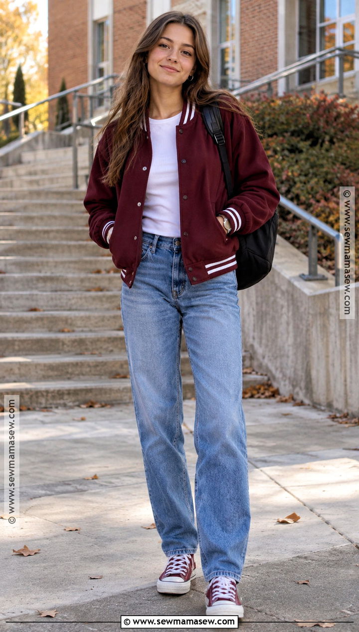 Varsity Jacket And Straight Leg Jeans School Outfit - 15 fall school outfits highschool baddie