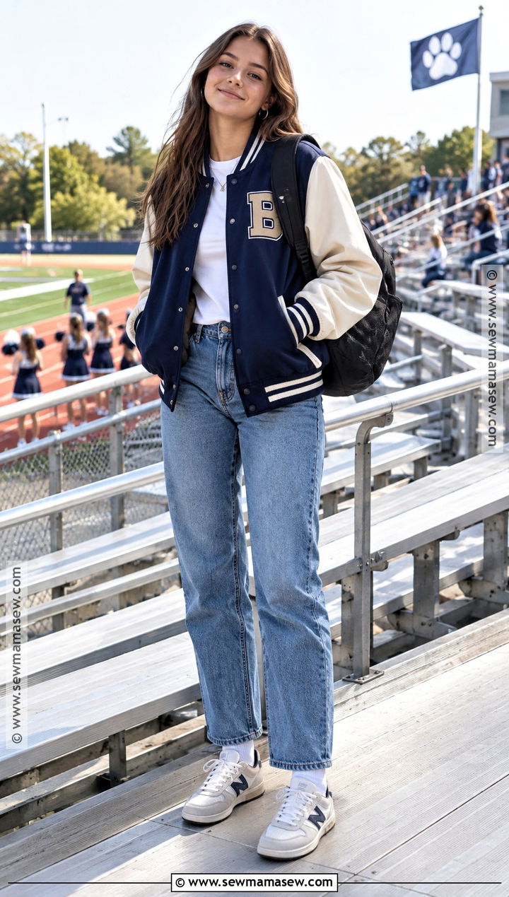 Varsity Jacket And Straight Leg Jeans School Outfit - 20 Back To School Outfits Fly for Girls