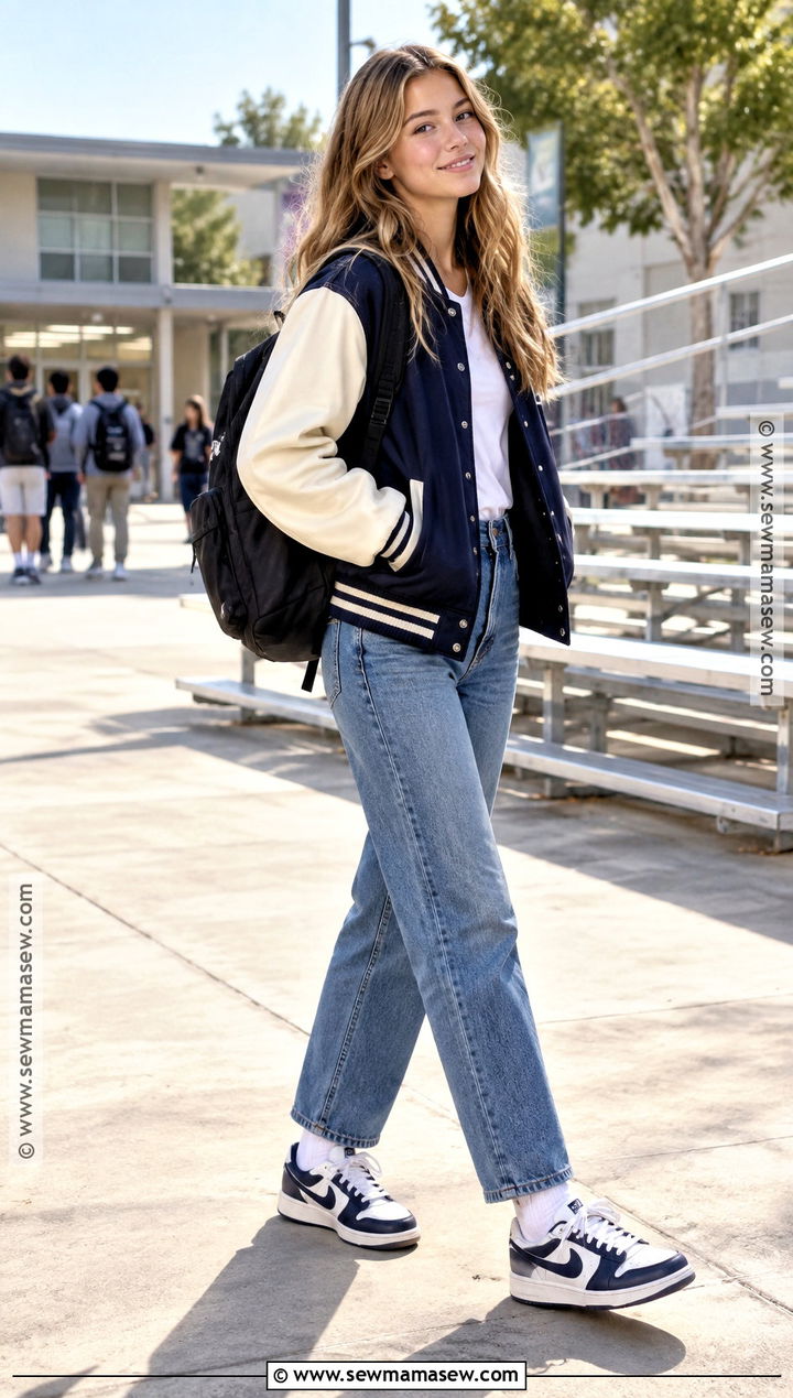 Varsity Jacket And Straight Leg Jeans School Outfit - 15 Back To School Clothes High School