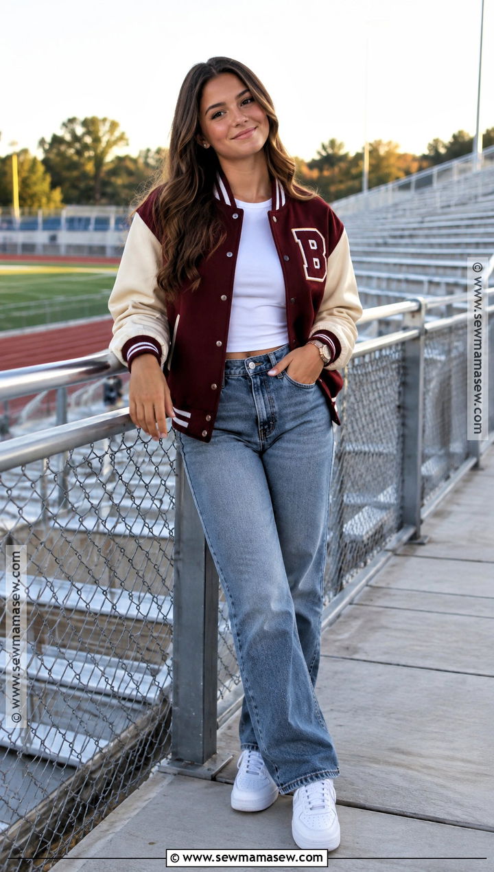 Varsity Jacket And Straight Leg Jeans Senior Pic Outfit - 15 senior pic fall outfits