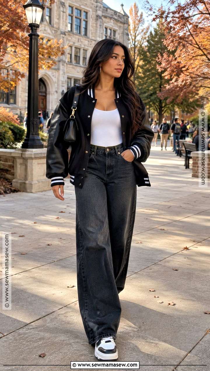 Varsity Jacket And Wide Leg Jeans Baddie Fall Outfit - 25 baddie fall fits