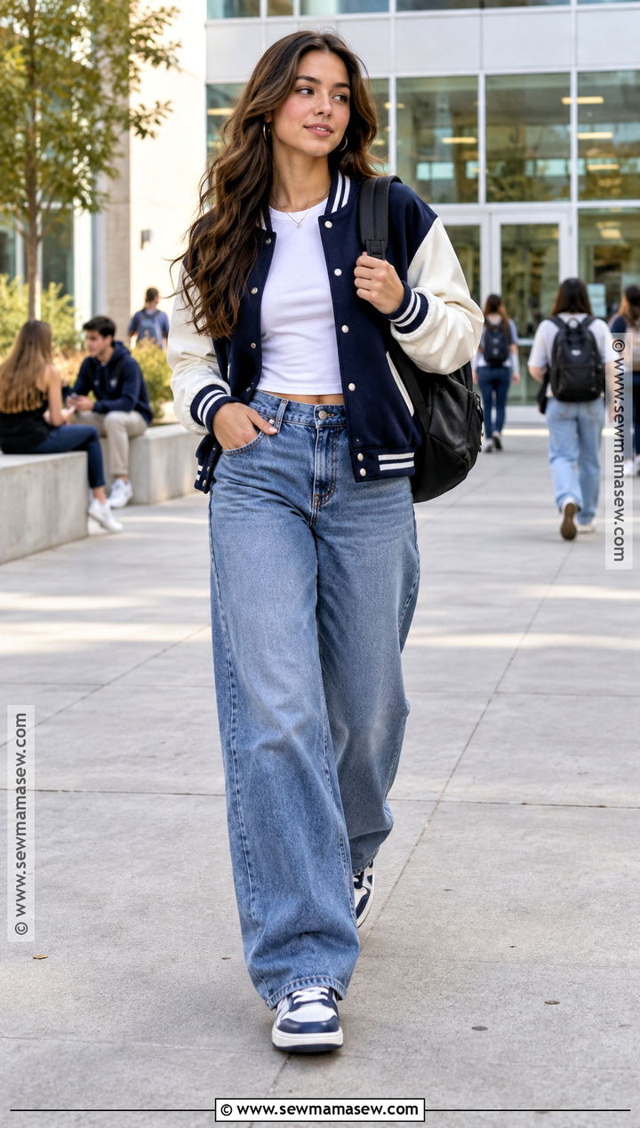 Varsity Jacket And Wide Leg Jeans Baddie Outfit - 20 baddie back to school outfits