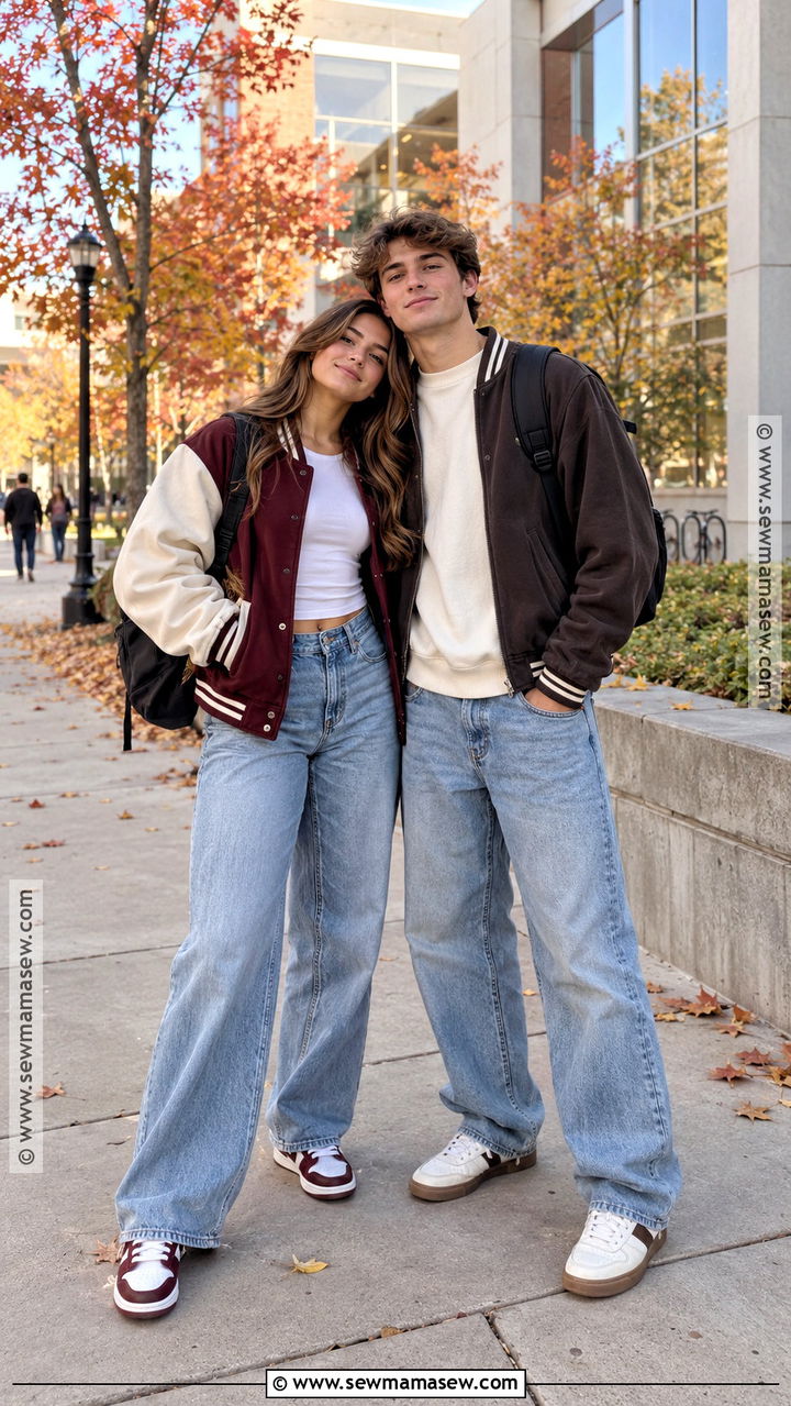 Varsity Jacket And Wide Leg Jeans Couple Outfit - 20 Fall Outfit Ideas for Couples