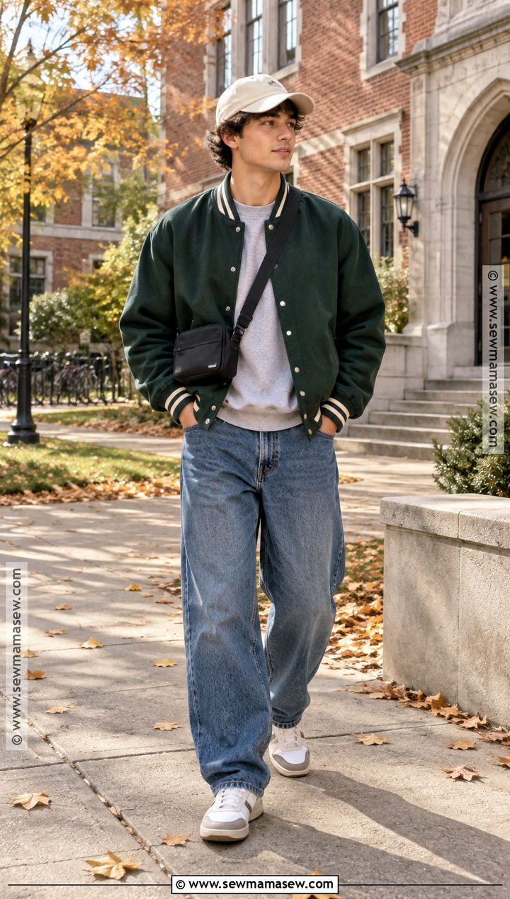 Varsity Jacket And Wide Leg Jeans Fall Outfit - 20 fall outfit inspo ideas for men