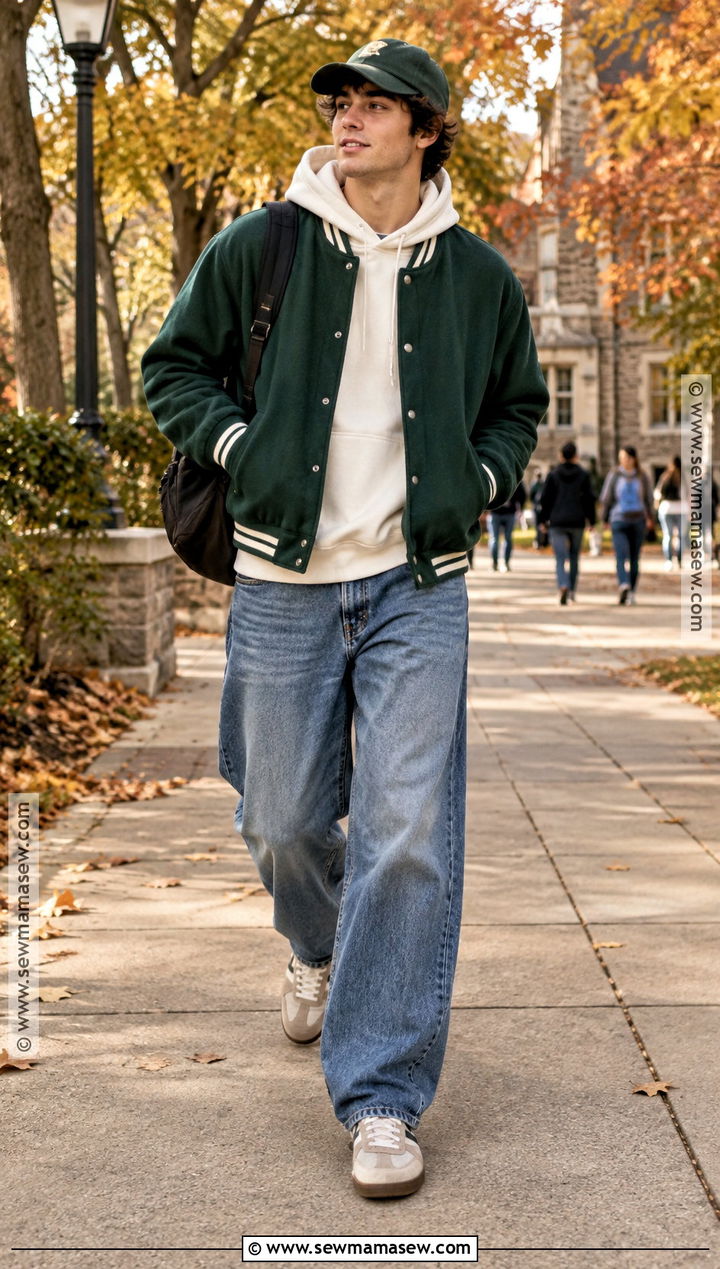 Varsity Jacket And Wide Leg Jeans Fall Outfit - 15 Fall Fits Men Aesthetic