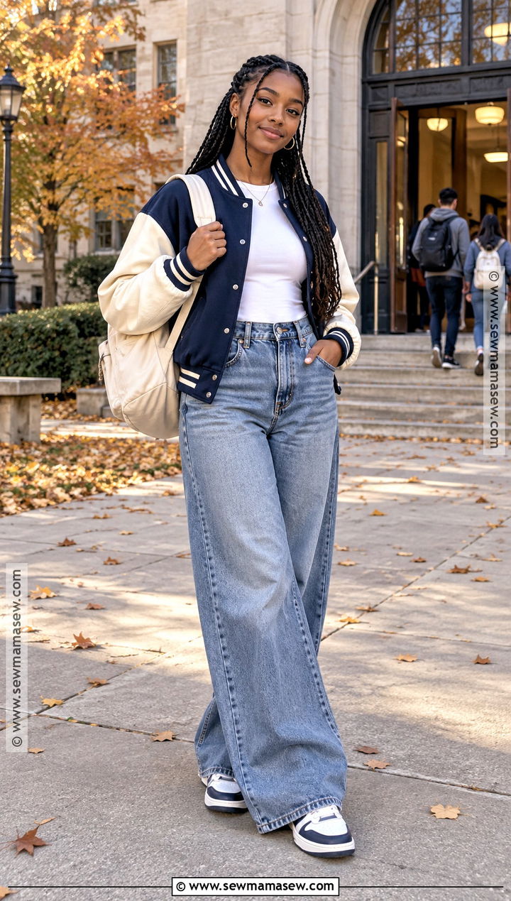 Varsity Jacket And Wide Leg Jeans Fall School Outfit - 15 fall school outfits for black women