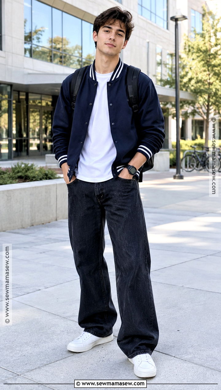 Varsity Jacket And Wide Leg Jeans Outfit - 15 guys back to school outfits