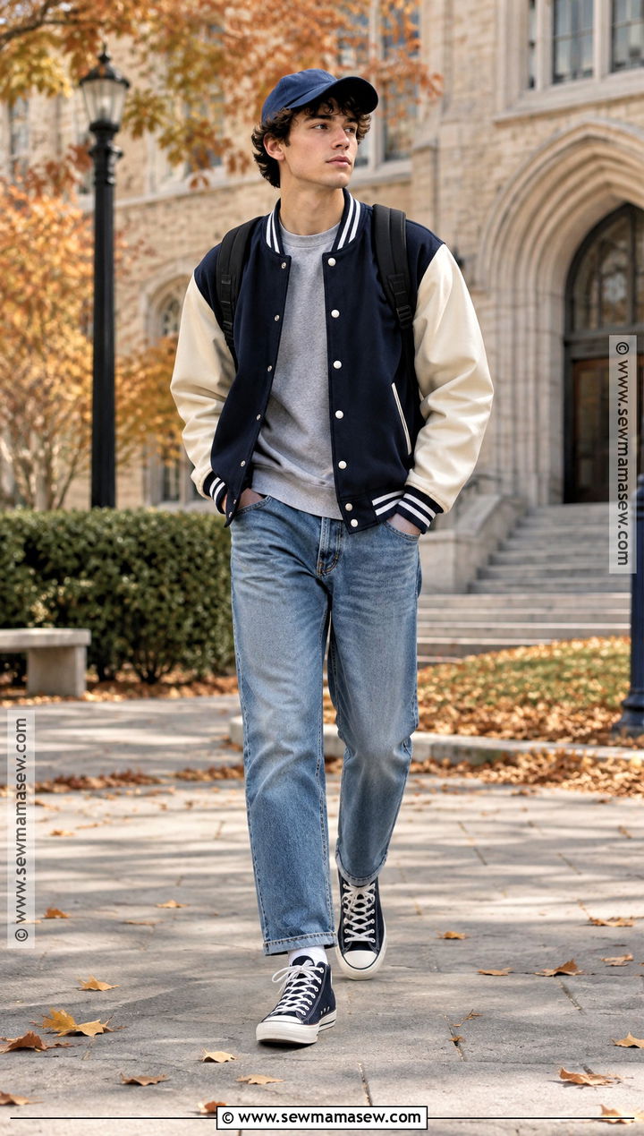 Varsity Jacket Autumn Outfit With Relaxed Jeans - 25 autumn outfits men casual