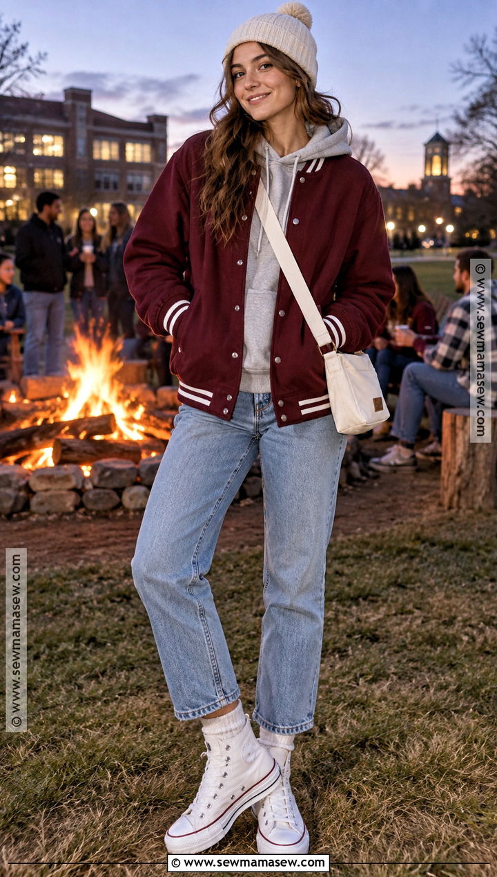 Varsity Jacket Bonfire Outfit With Relaxed Jeans - 20 bonfire outfit fall night ideas