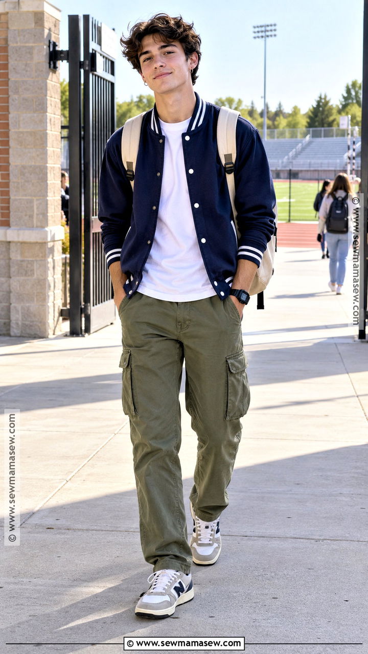 Varsity Jacket Cargo Pants And Sneakers Outfit - 20 back to school outfits junior year