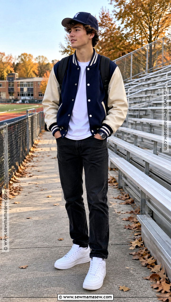 Varsity Jacket Fall Outfit With Black Jeans - 20 teenage fall outfits