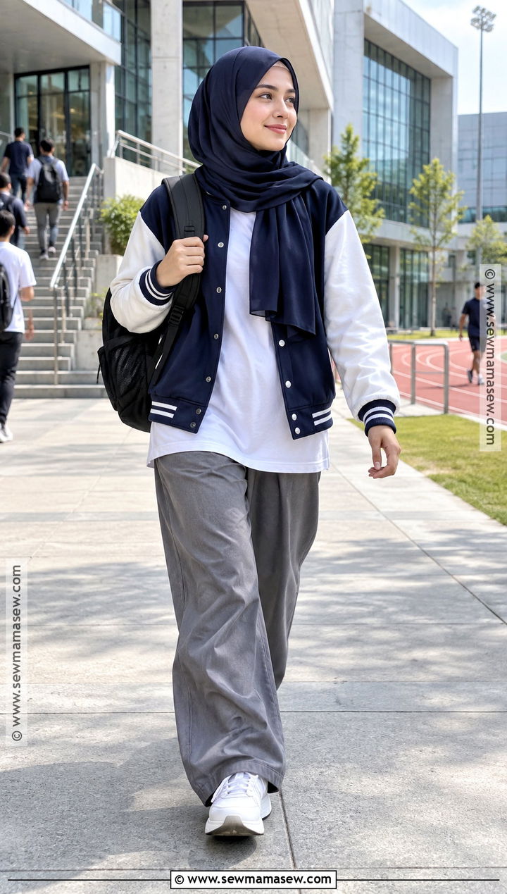 Varsity Jacket Hijab Outfit With Wide Leg Pants - 20 back to school hijab outfits