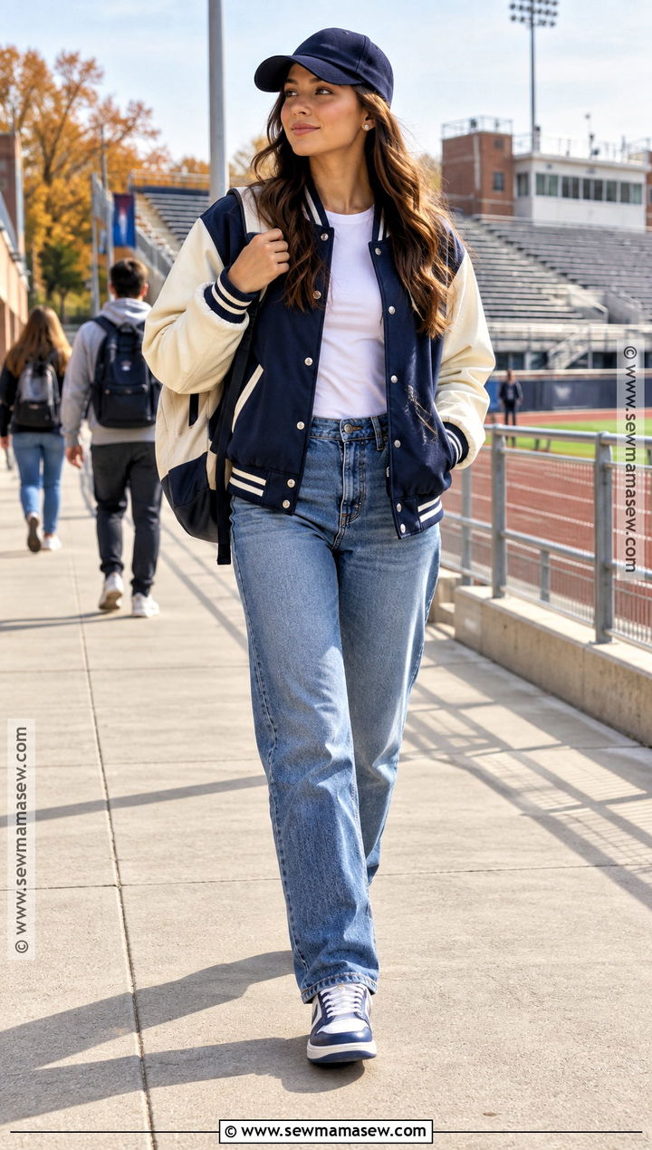Varsity Jacket Straight Jeans and Retro Sneakers Outfit - 30 back to school outfits