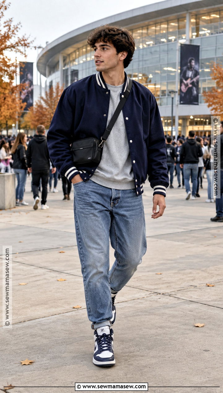 Varsity Jacket Sweatshirt and Relaxed Jeans Concert Outfit - 15 concert outfit men fall ideas