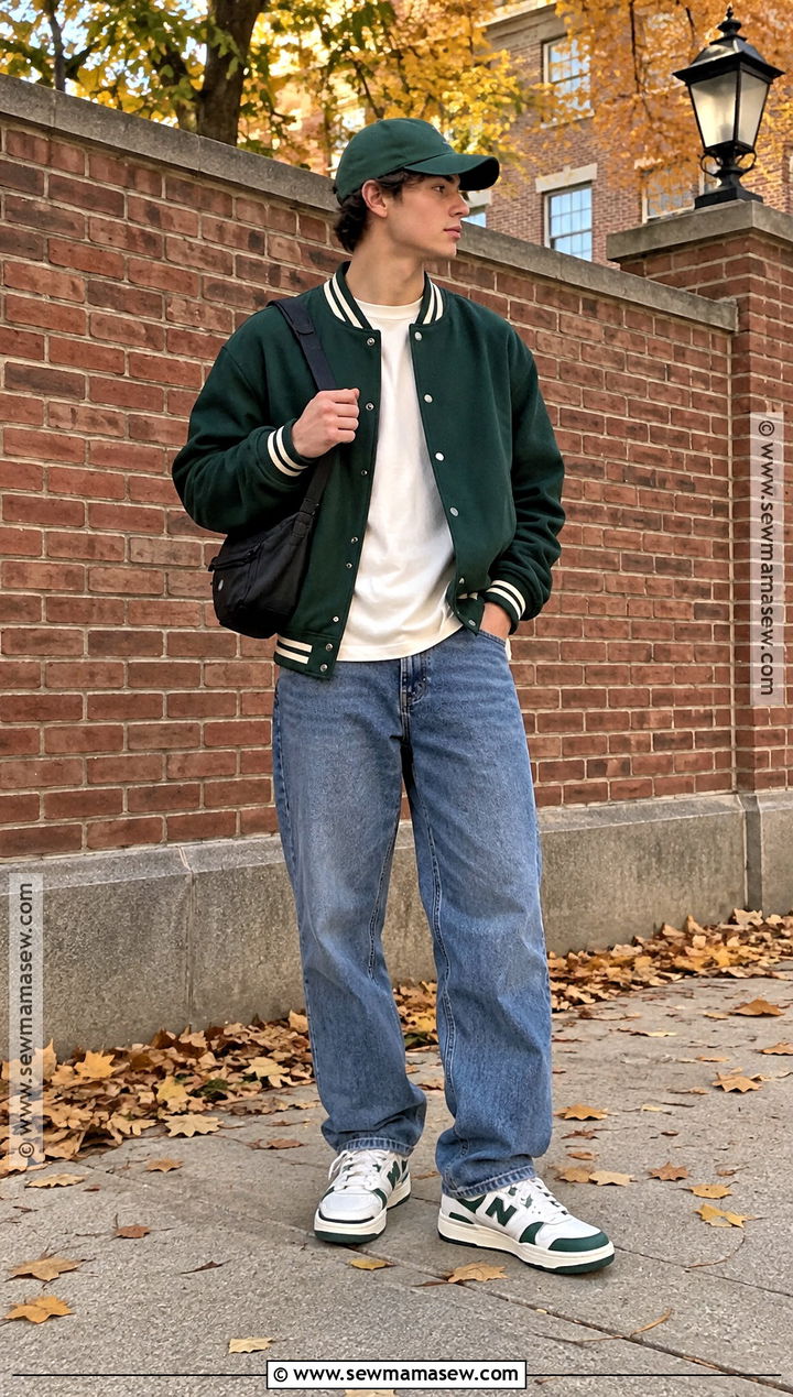 Varsity Jacket T Shirt And Loose Jeans Outfit - 20 men fall outfits casual street style