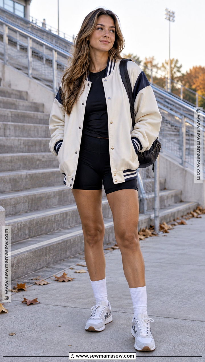 Varsity Jacket With Biker Shorts And Crew Socks - 15 cute sporty outfits fall