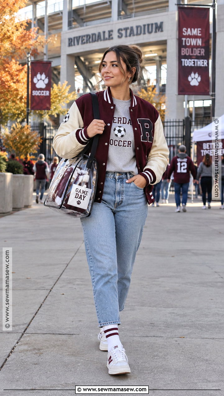 Varsity Jacket With Crewneck And Mom Jeans - 15 fall soccer game outfit ideas