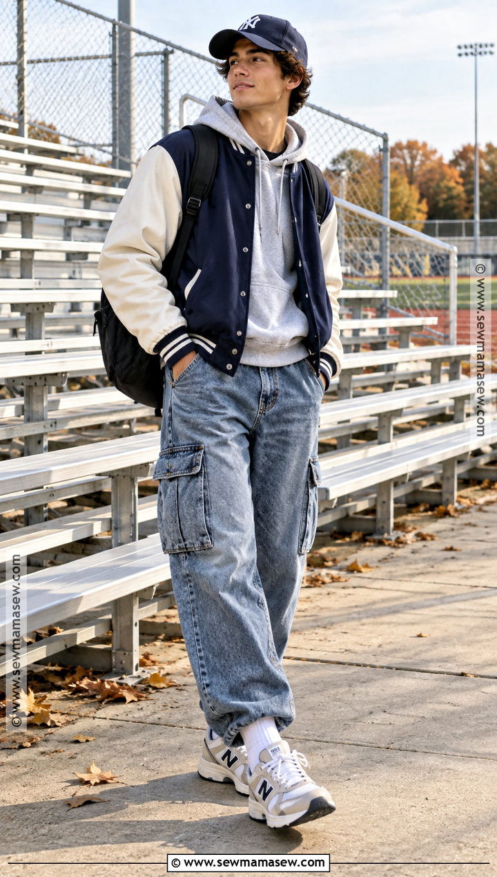 Varsity Jacket With Hoodie And Cargo Jeans - 20 outfits for fall school
