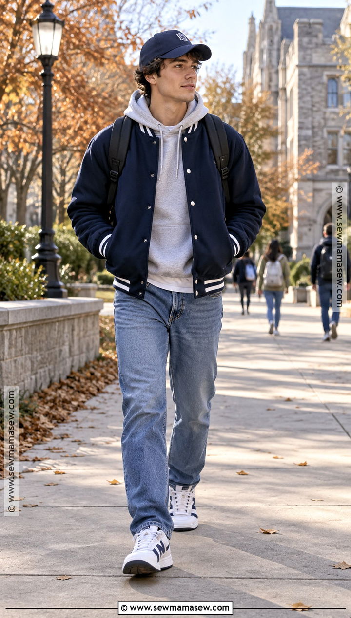 Varsity Jacket With Hoodie And Relaxed Jeans - 25 fall fits for men