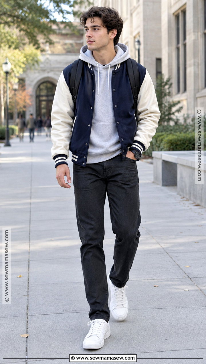 Varsity Jacket With Hoodie and Straight Leg Jeans - 15 fall jackets outfit for men