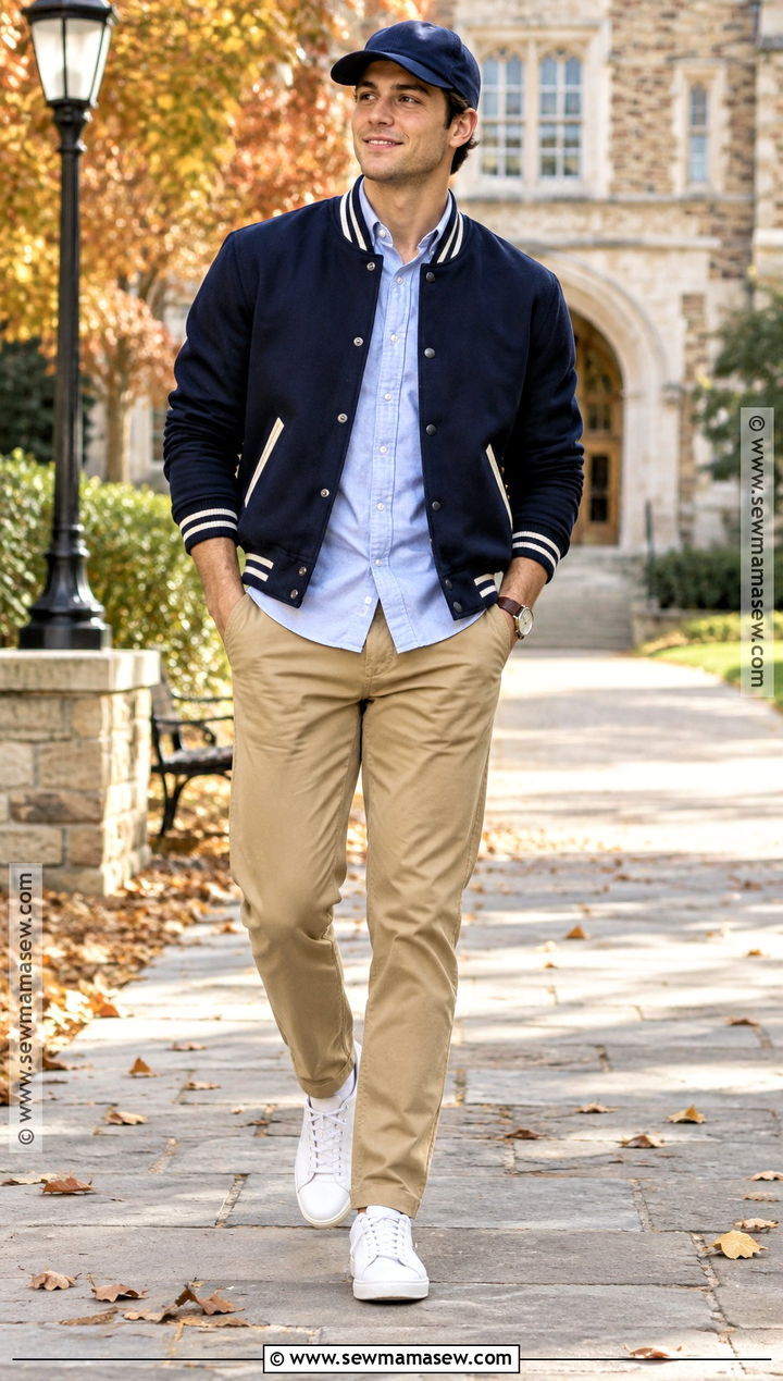 Varsity Jacket With Oxford Shirt and Chinos - 20 Men Autumn Outfit Casual Ideas