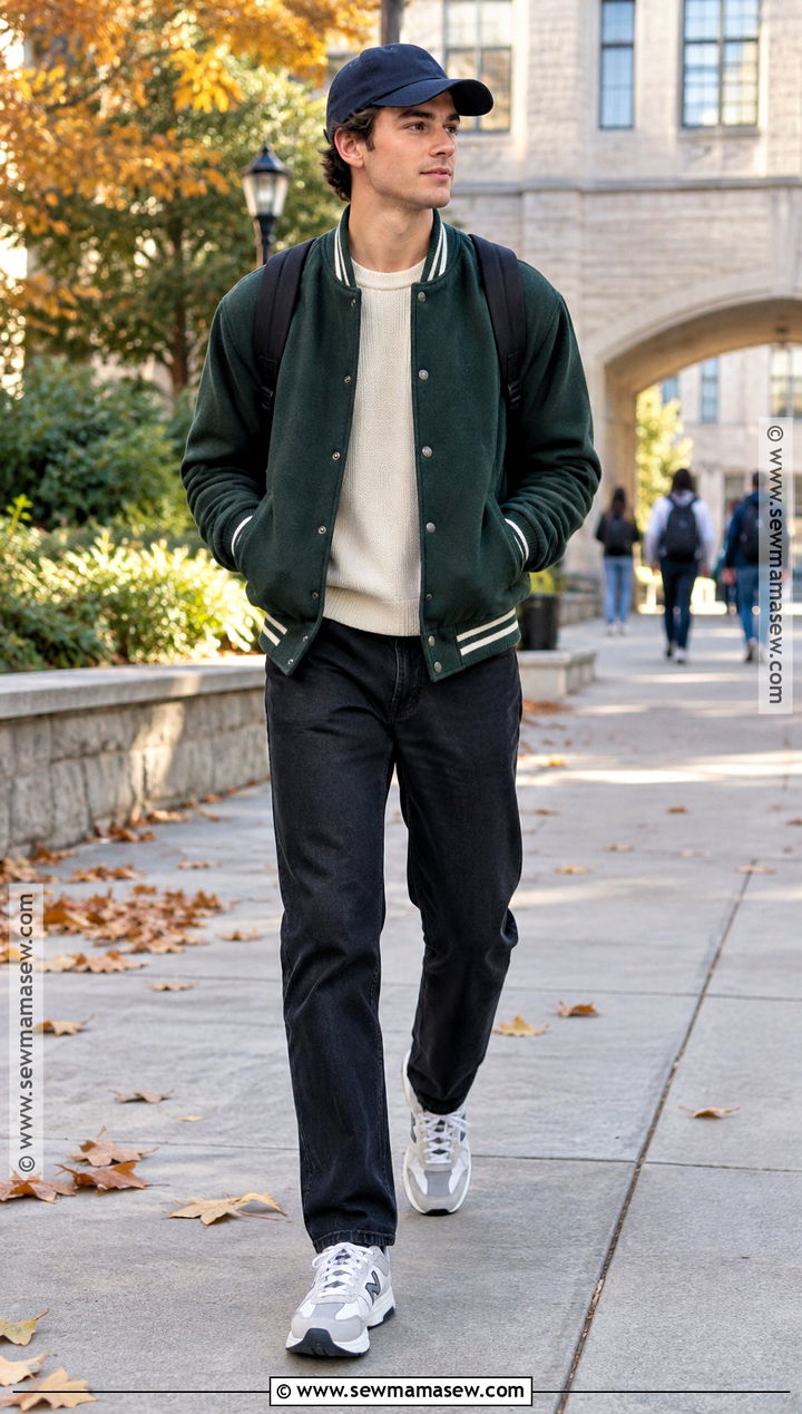 Varsity Jacket With Sweater And Straight Jeans - 20 mens outfits autumn