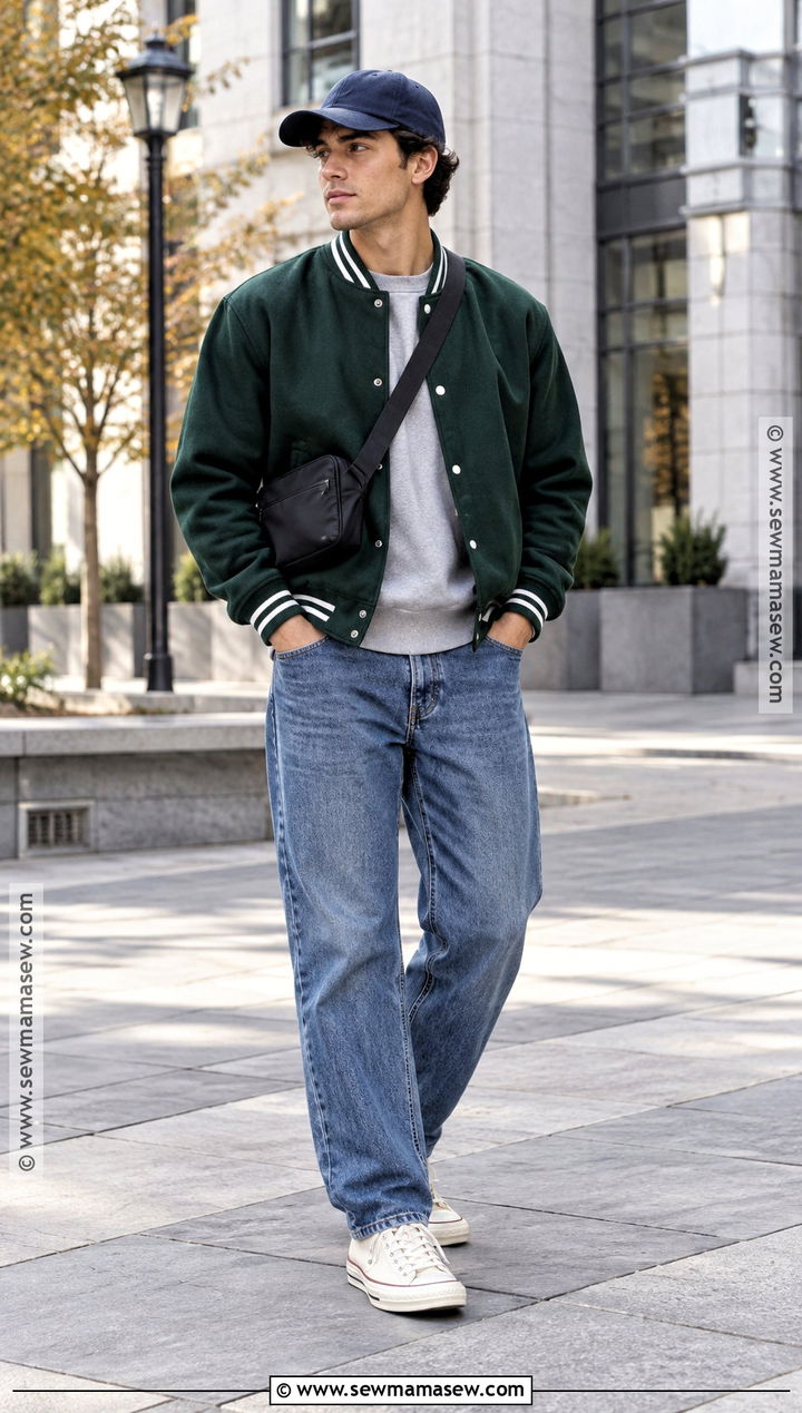 Varsity Jacket With Sweatshirt And Loose Jeans - 20 Mens Casual Fall Outfits