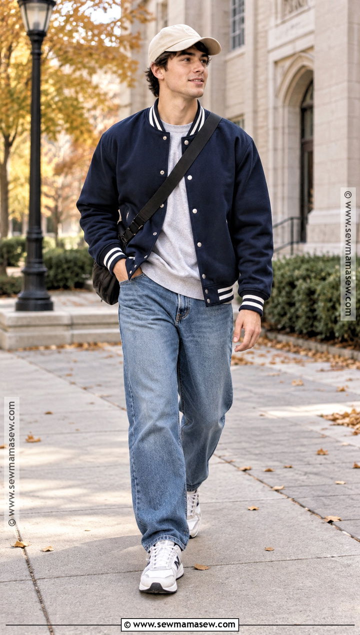 Varsity Jacket With Sweatshirt And Loose Jeans - 20 Casual Outfits Men Fall