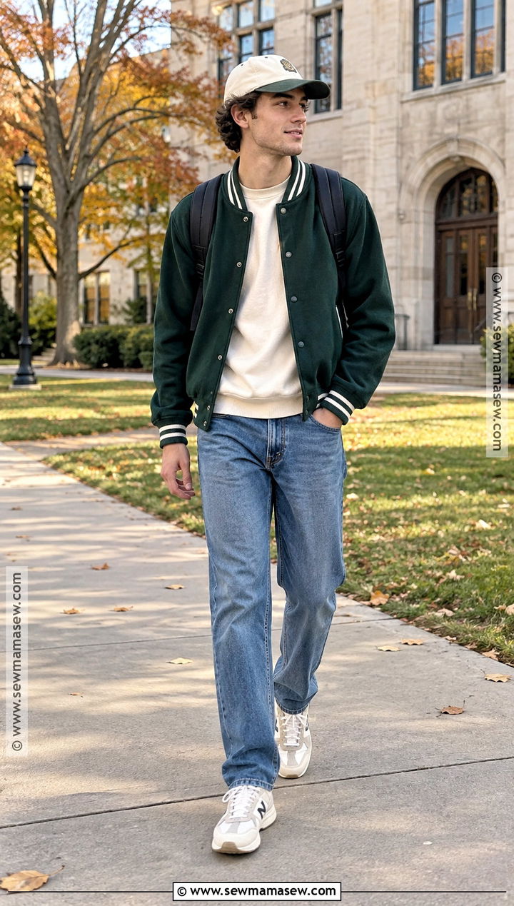 Varsity Jacket With Sweatshirt And Straight Jeans - 20 fall jackets for men