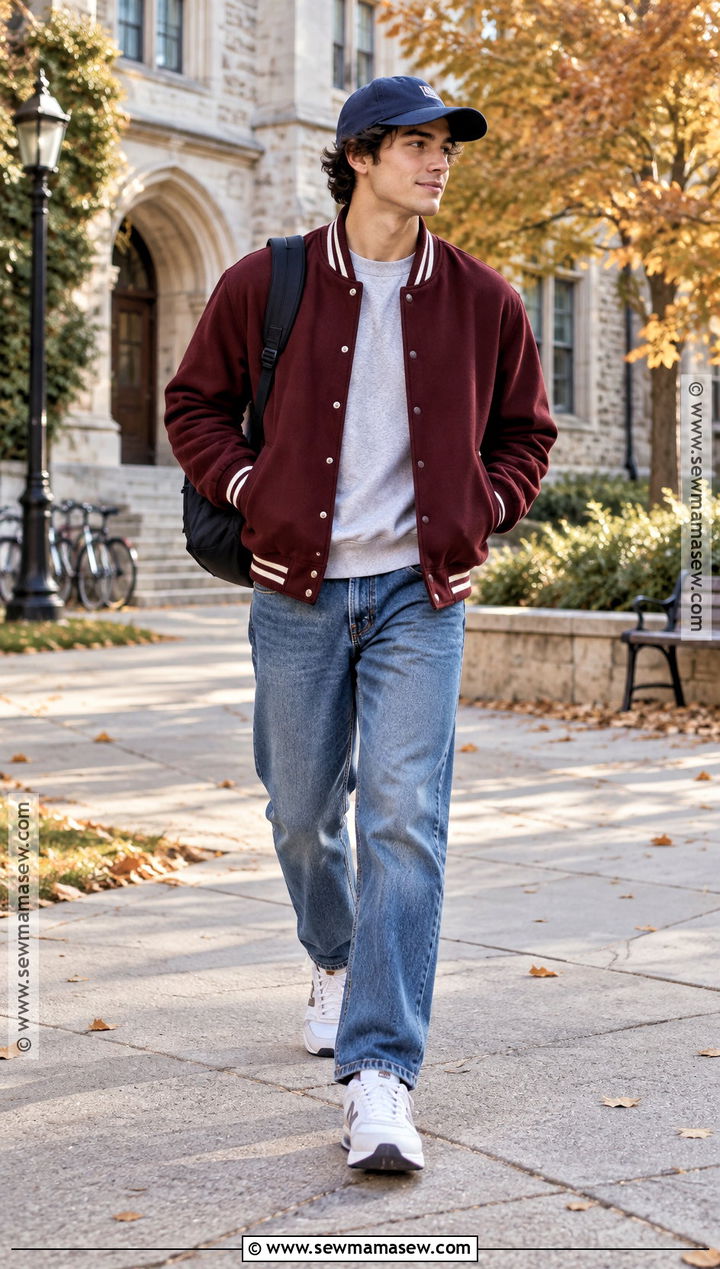 Varsity Jacket With Sweatshirt And Straight Jeans - 15 mens autumn jackets