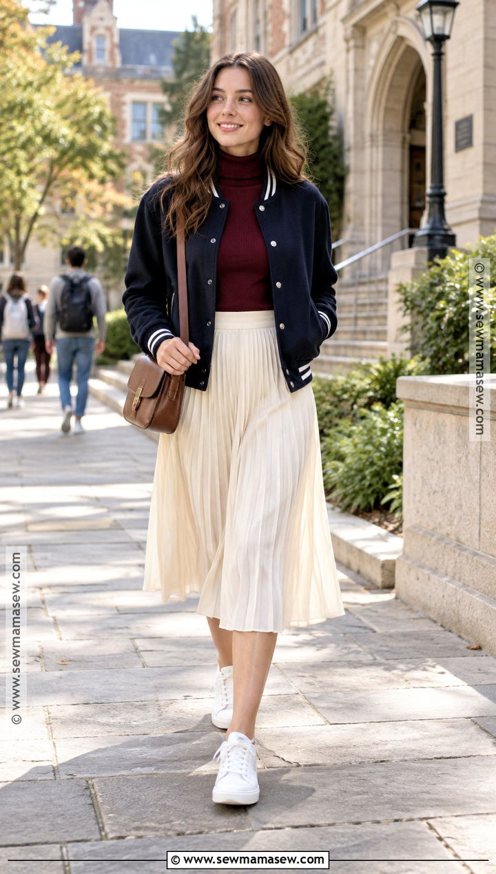 Varsity Jacket With a Pleated Skirt - 20 fall outfits with jackets
