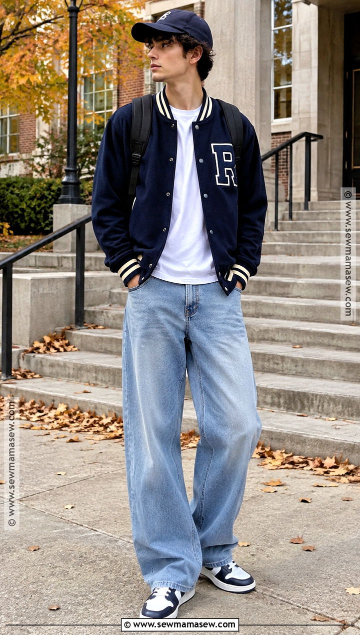 Varsity Jacket and Baggy Jeans School Outfit - 15 fall winter outfits school