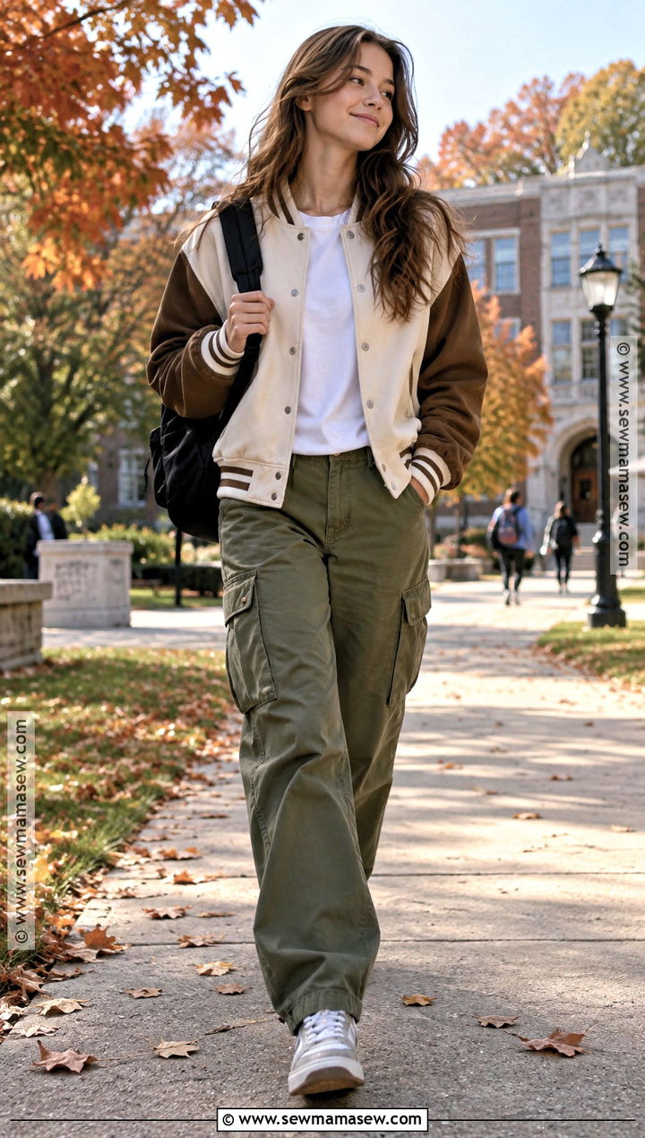 Varsity Jacket and Cargo Pants - 15 Highschool Fall Outfits