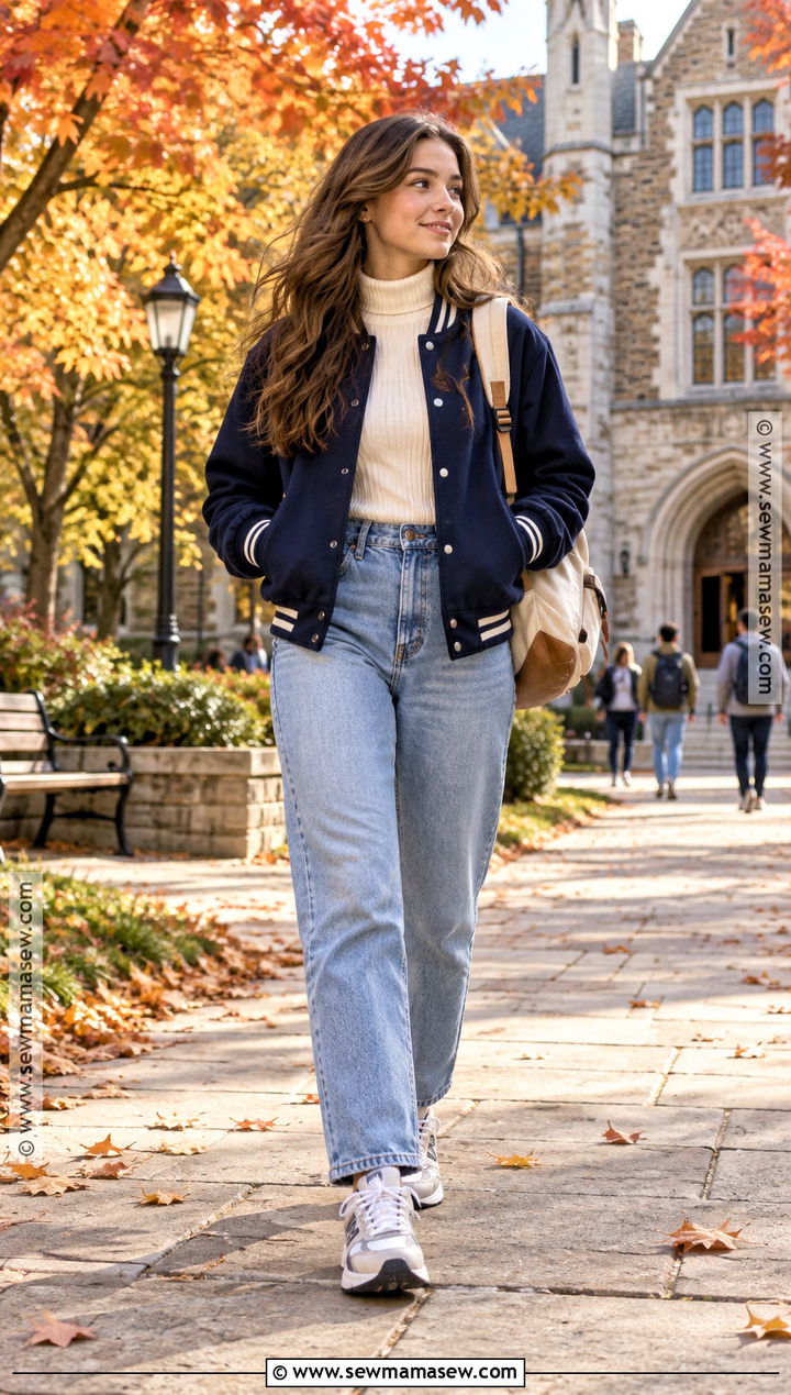 Varsity Jacket and Mom Jeans School Outfit - 25 autumn school outfits
