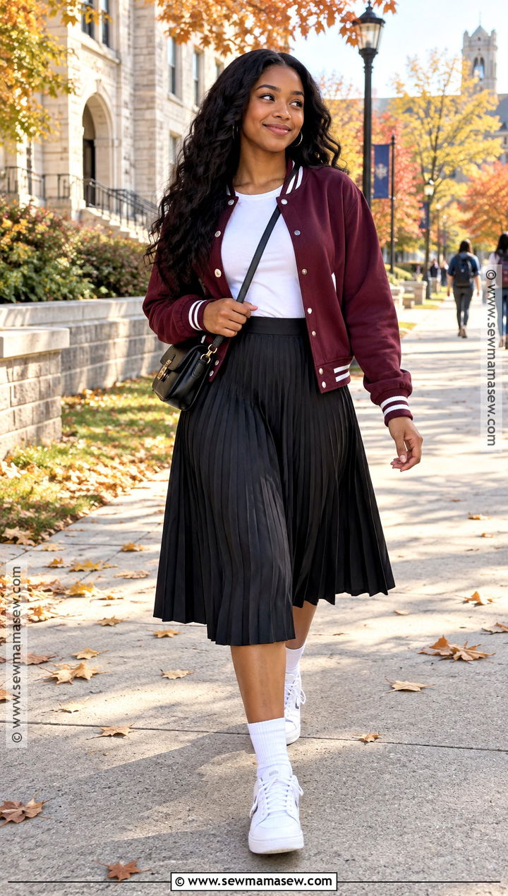 Varsity Jacket and Pleated Midi Skirt Fall Outfit - 25 casual fall outfits for black women
