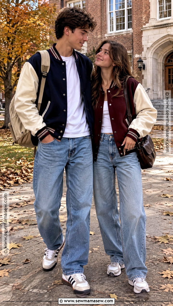 Varsity Jacket and Relaxed Denim Fall Couples Outfit - 20 fall couples outfits