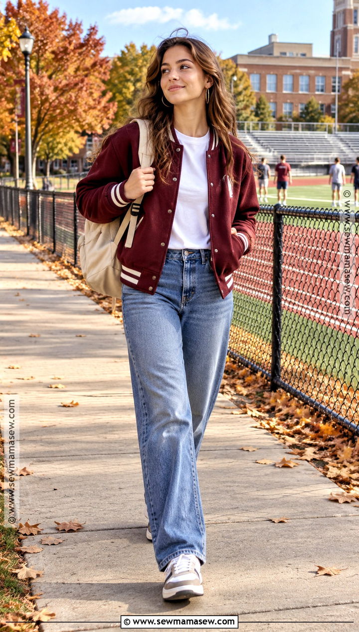 Varsity Jacket and Relaxed Jeans School Outfit - 20 Fall Inspo Outfits For School