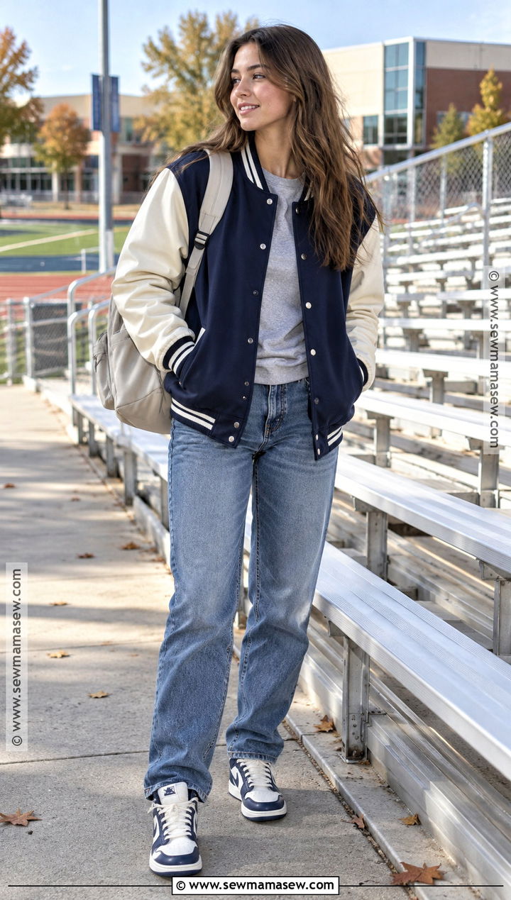 Varsity Jacket and Relaxed Jeans School Outfit - 25 outfits for school autumn