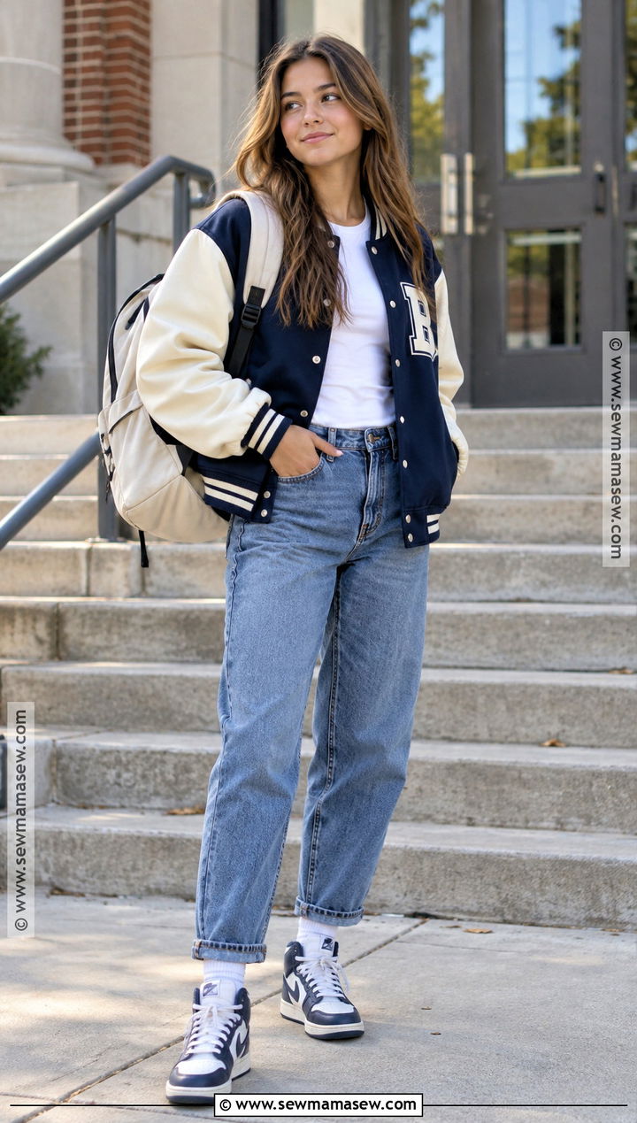 Varsity Jacket and Relaxed Jeans School Outfit - 15 back to school high school outfits