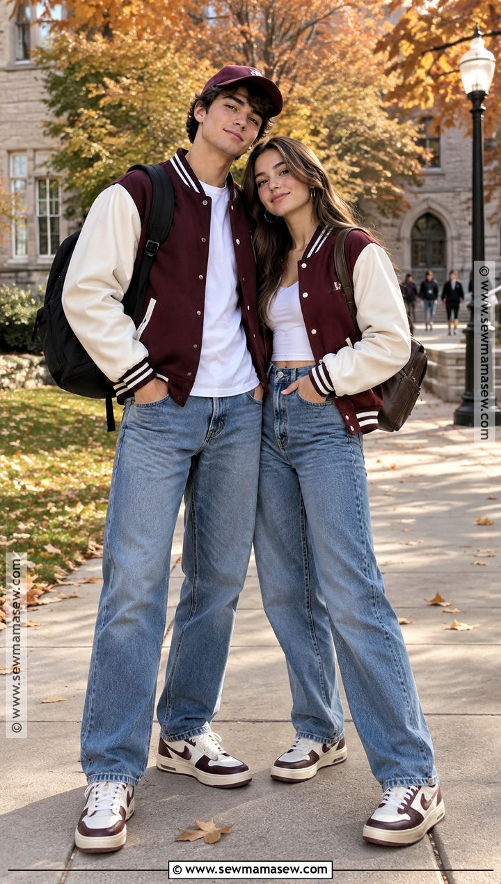 Varsity Jacket and Straight Jeans Couple Outfit - 25 matching fall outfits for couples