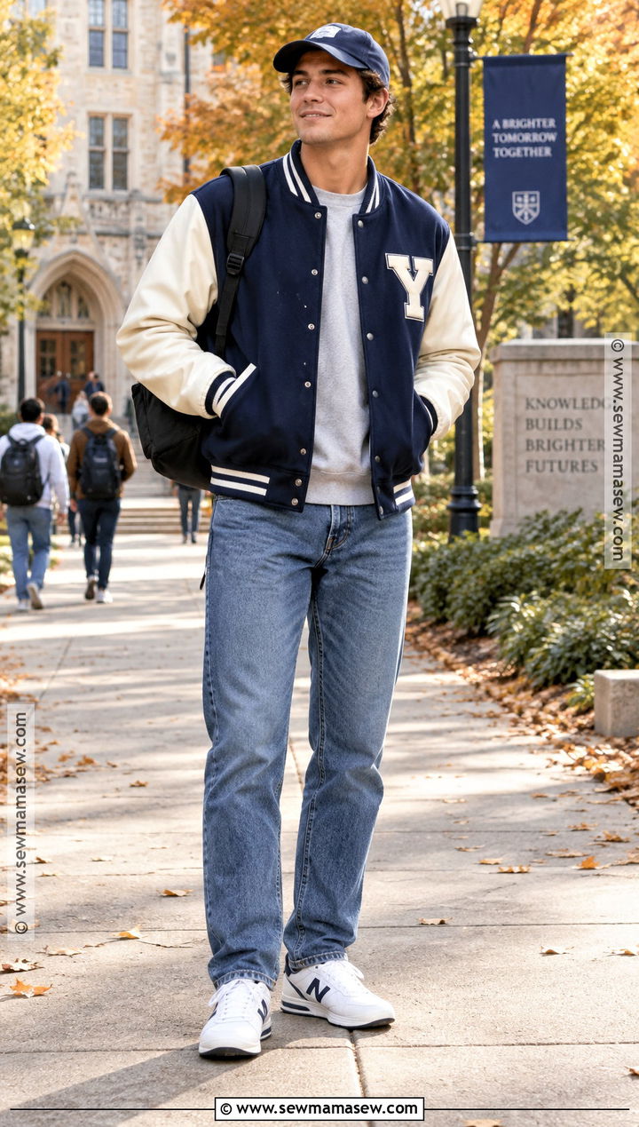Varsity Jacket and Straight Leg Jeans Fall Outfit - 20 Fall Outfits for Guys