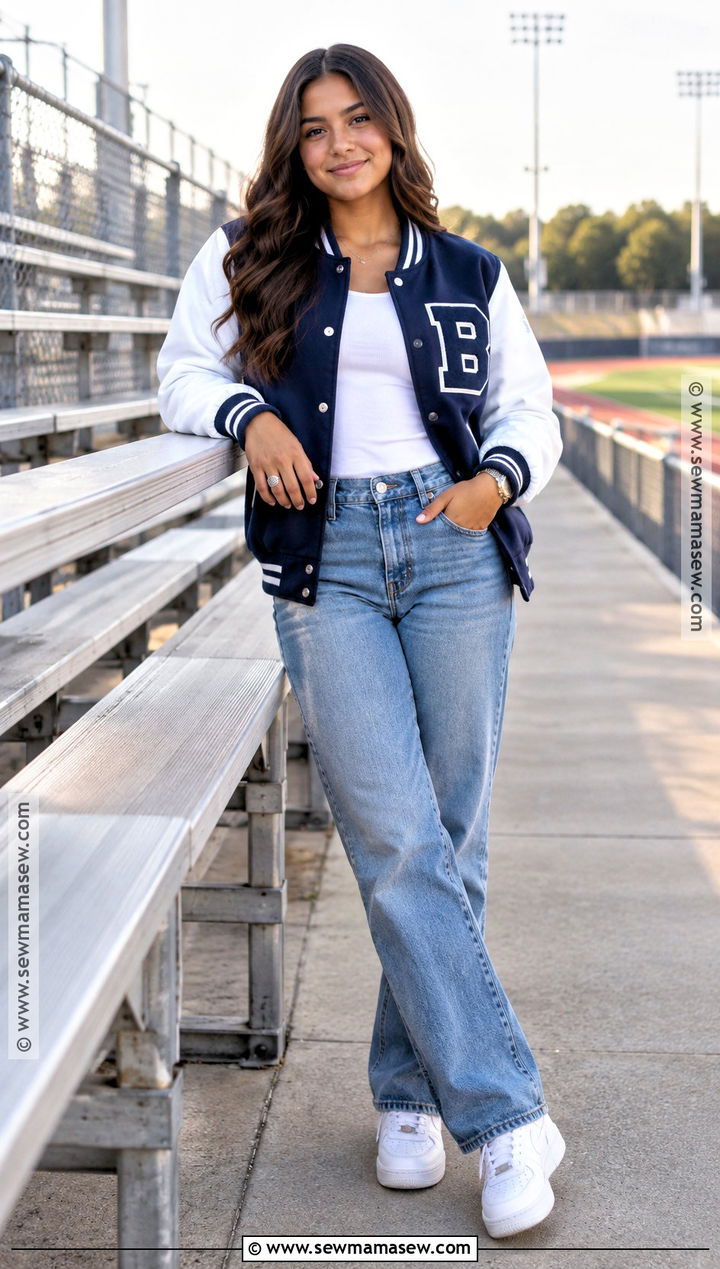 Varsity Jacket and Straight Leg Jeans Senior Picture Outfit - 20 Fall Senior Picture Outfits