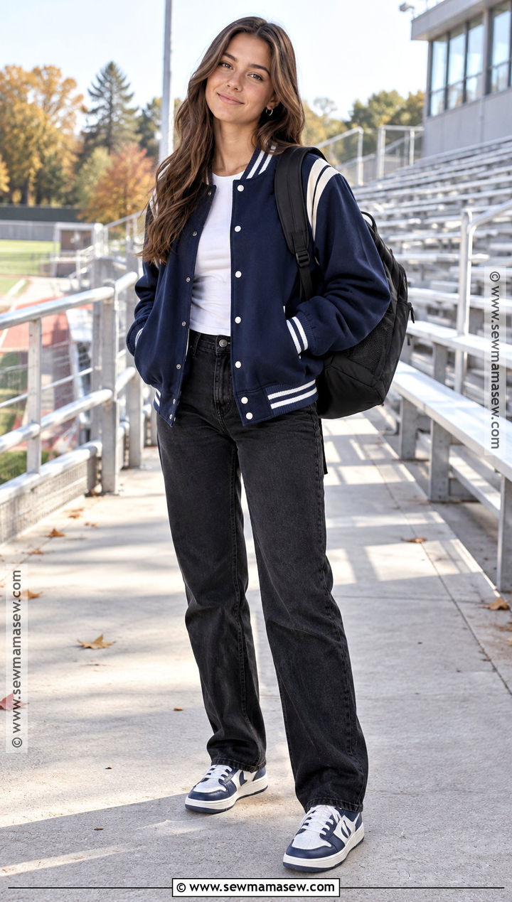 Varsity Jacket and Straight Leg Pants Fall School Outfit - 15 easy fall school outfits