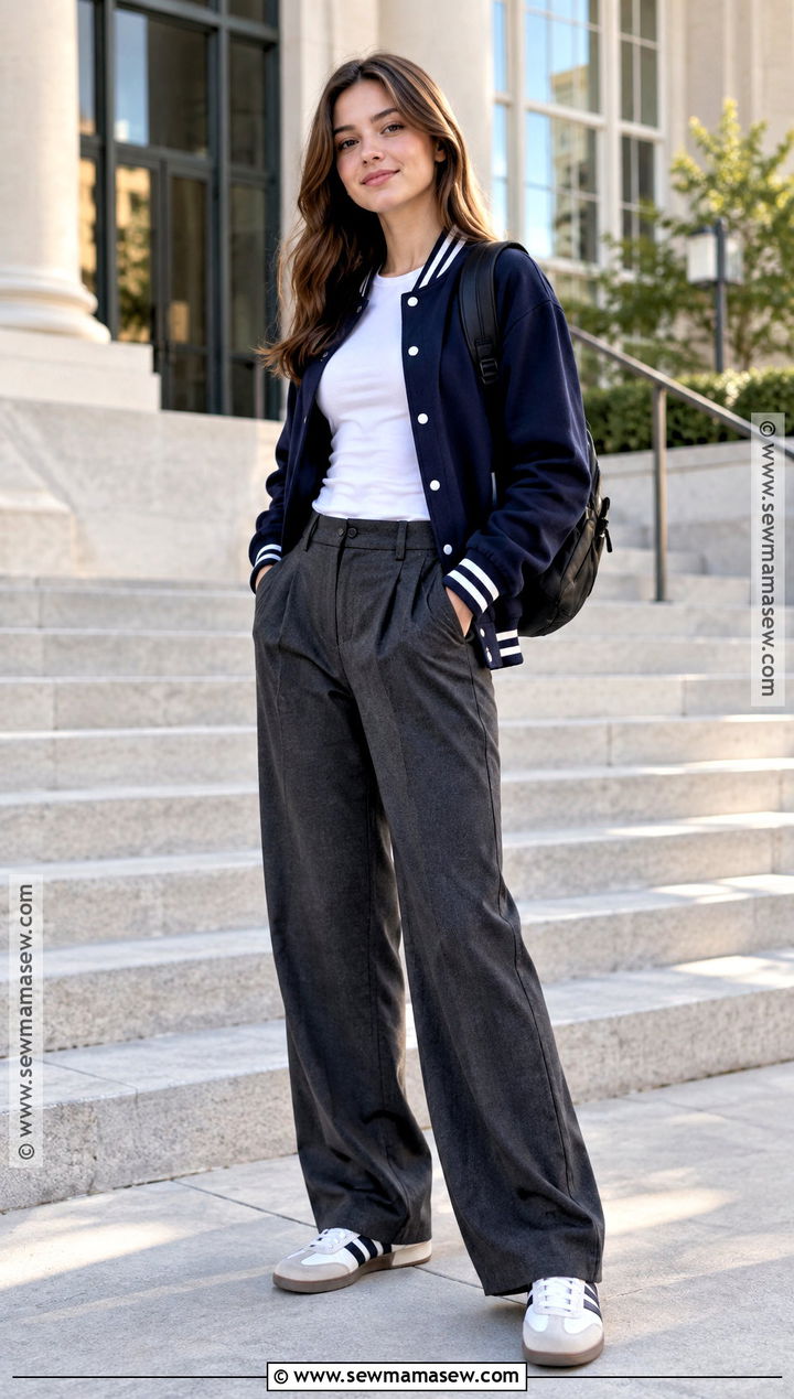 Varsity Jacket and Wide Leg Pants Fall School Outfit - 25 outfit ideas autumn school
