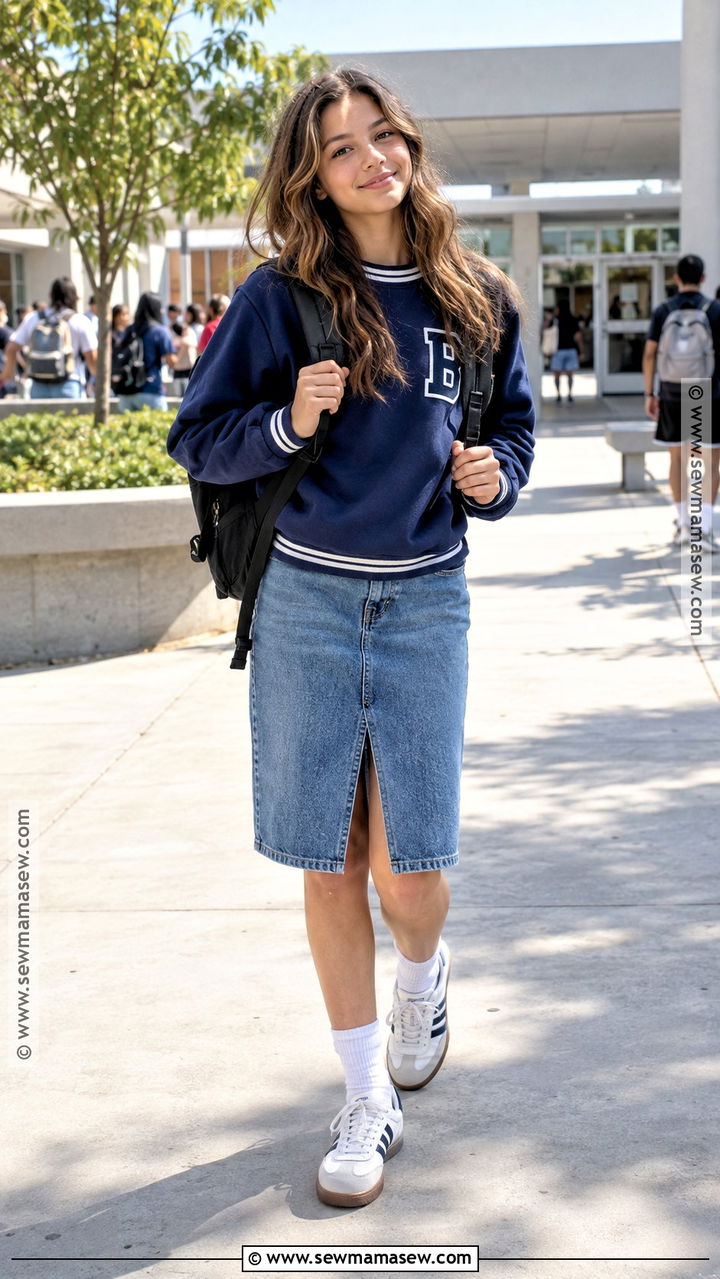 Varsity Sweatshirt And Denim Skirt Outfit - 20 back to school outfits middle school 8th
