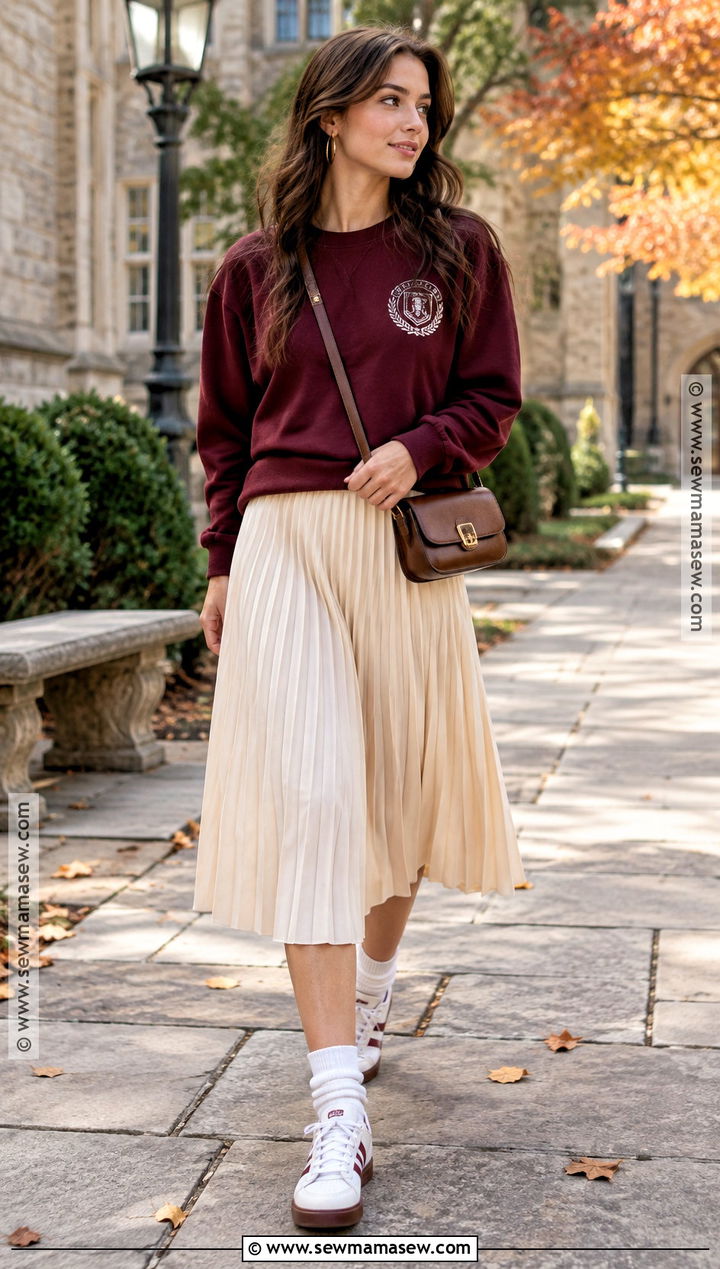 Varsity Sweatshirt And Pleated Skirt Outfit - 20 fall sweats outfits