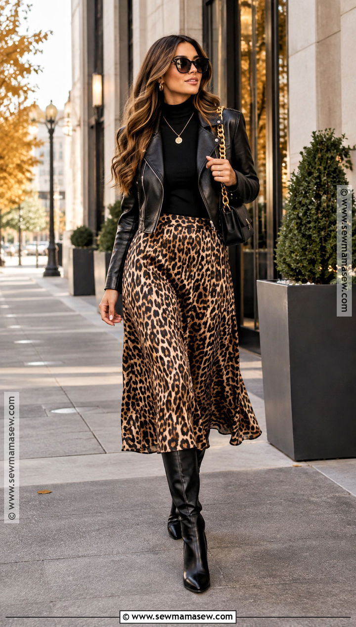 Vegas Leopard Midi Skirt With Black Turtleneck - 20 vegas outfit ideas fall