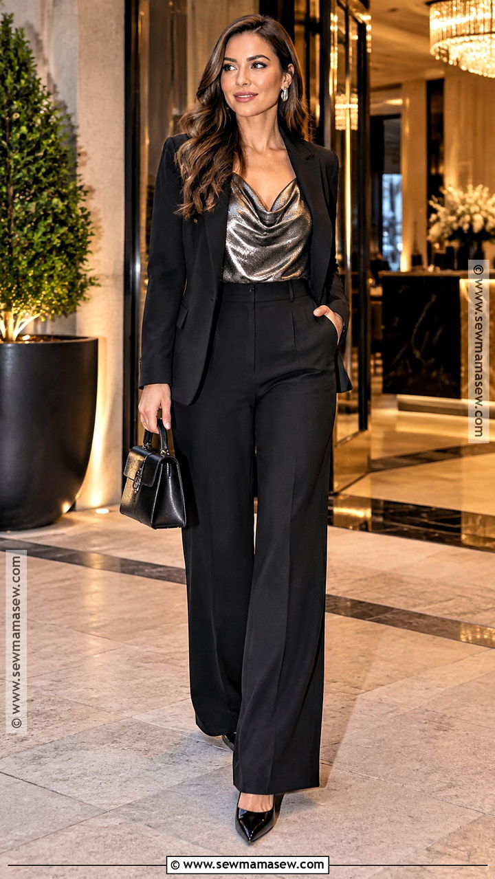Vegas November Metallic Top And Black Trousers Outfit - 20 Vegas November Outfit Ideas