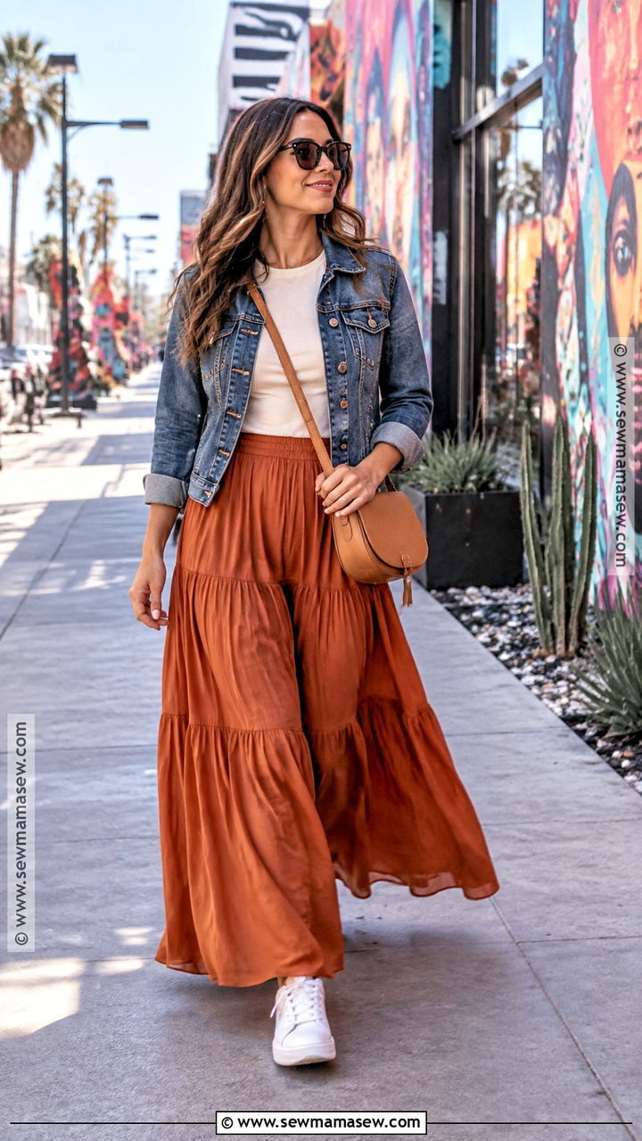 Vegas October Maxi Skirt And Denim Jacket Outfit - 20 vegas in october outfits