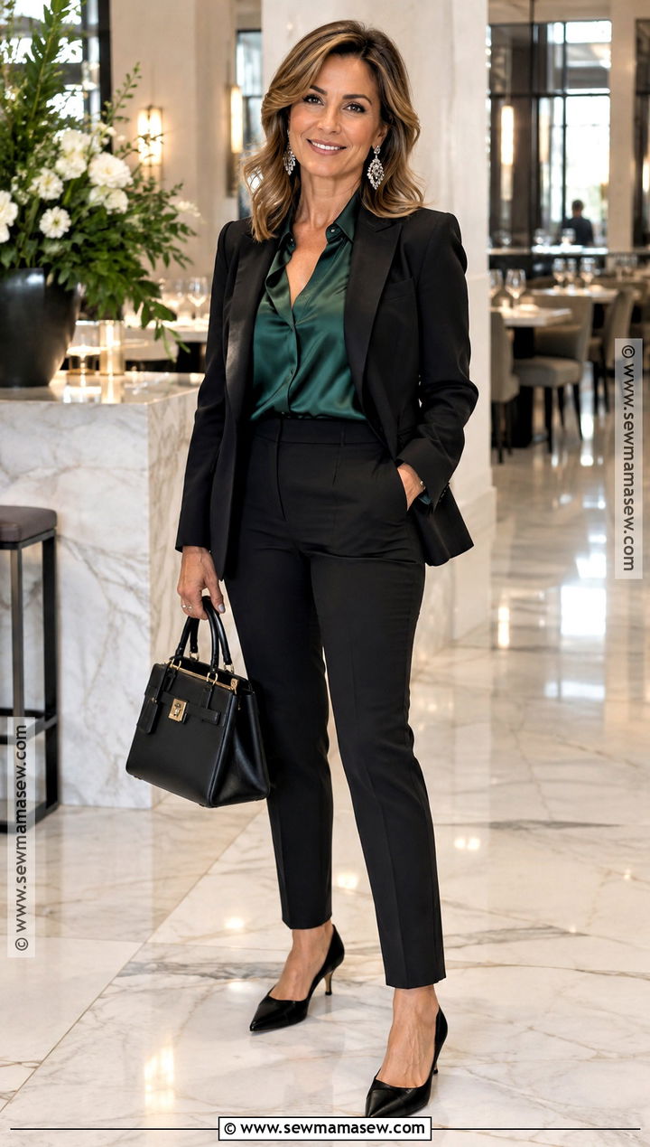 Vegas Over 40 Outfit With Tailored Pants And Silk Blouse - 20 outfits for vegas in november